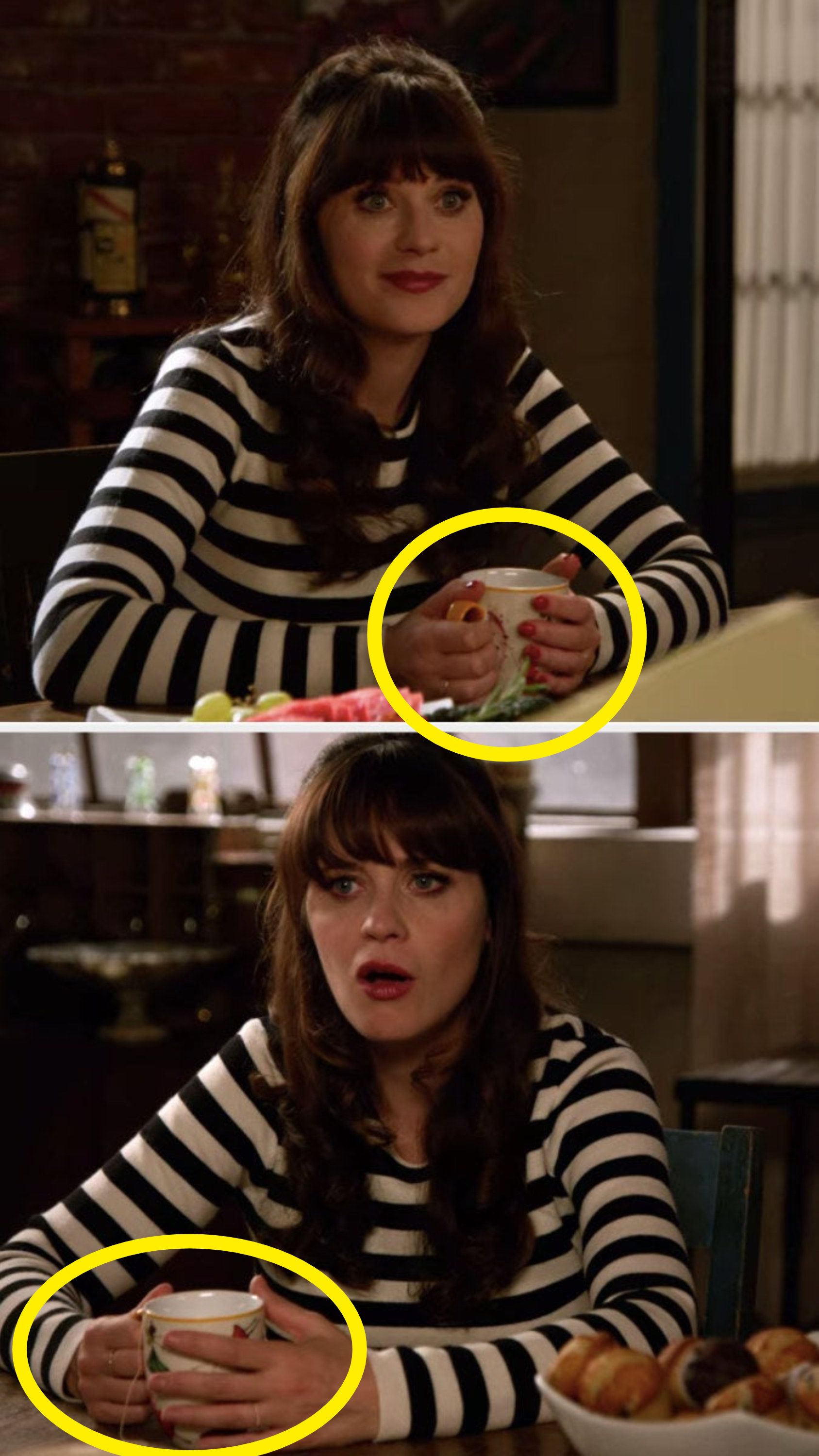 In an episode of New Girl, where Jess tries to help Nick and Schmidt, she has red nail polish in her hand while she has no nail polish on the other second.