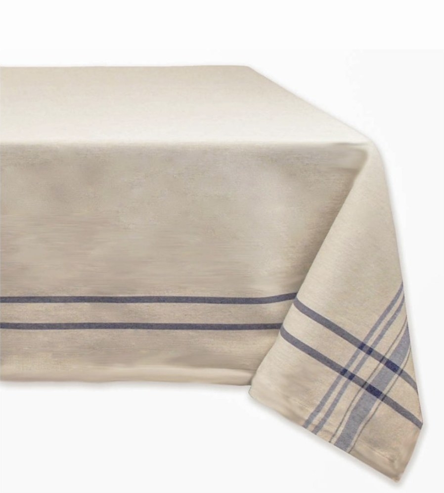 the cream tablecloth with blue stripes