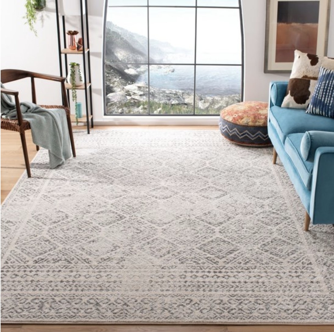 the geometric rug in a living room