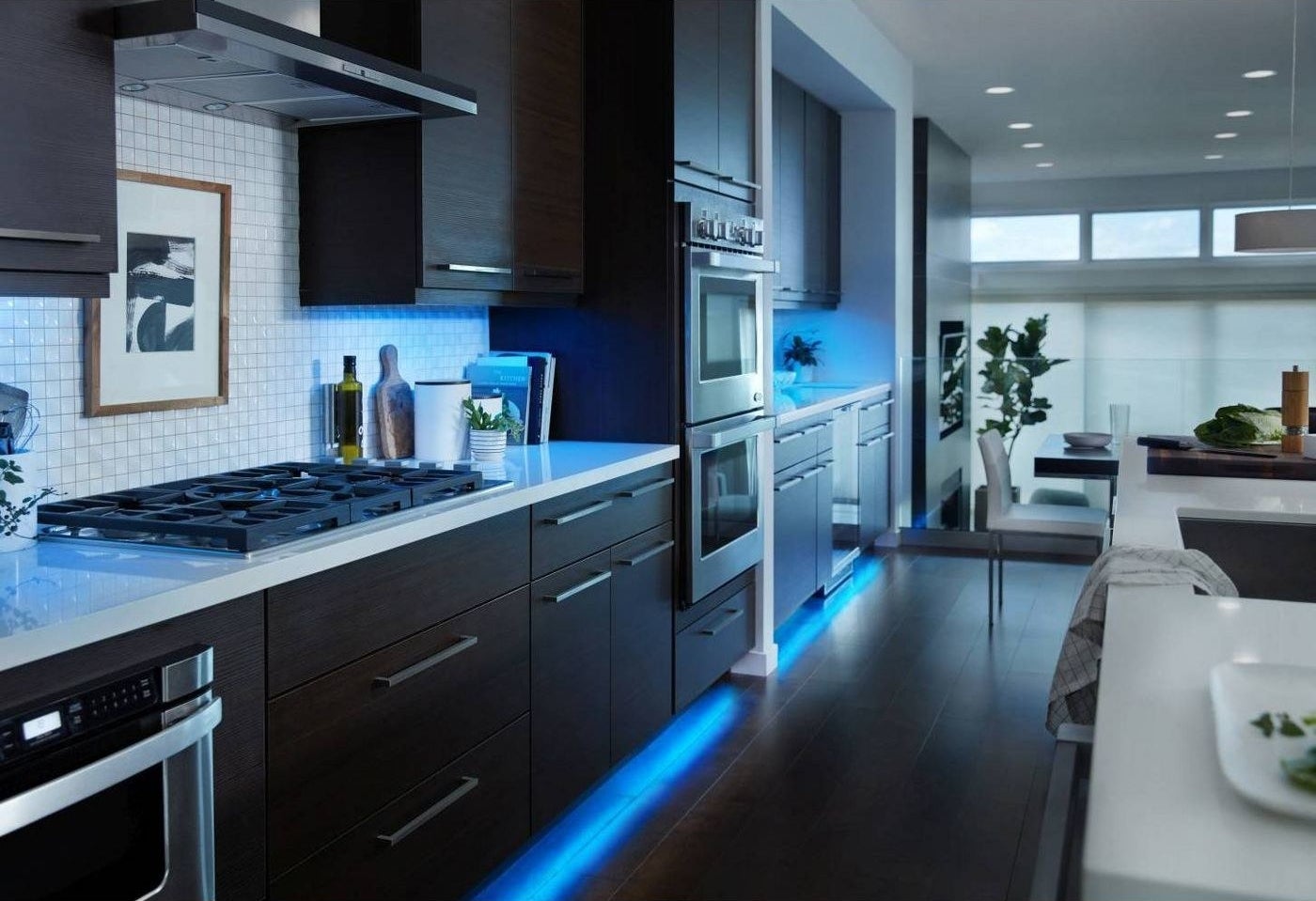 The lights in a kitchen, set to blue