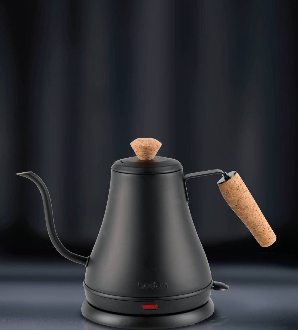 black goose neck tea kettle with cork handles