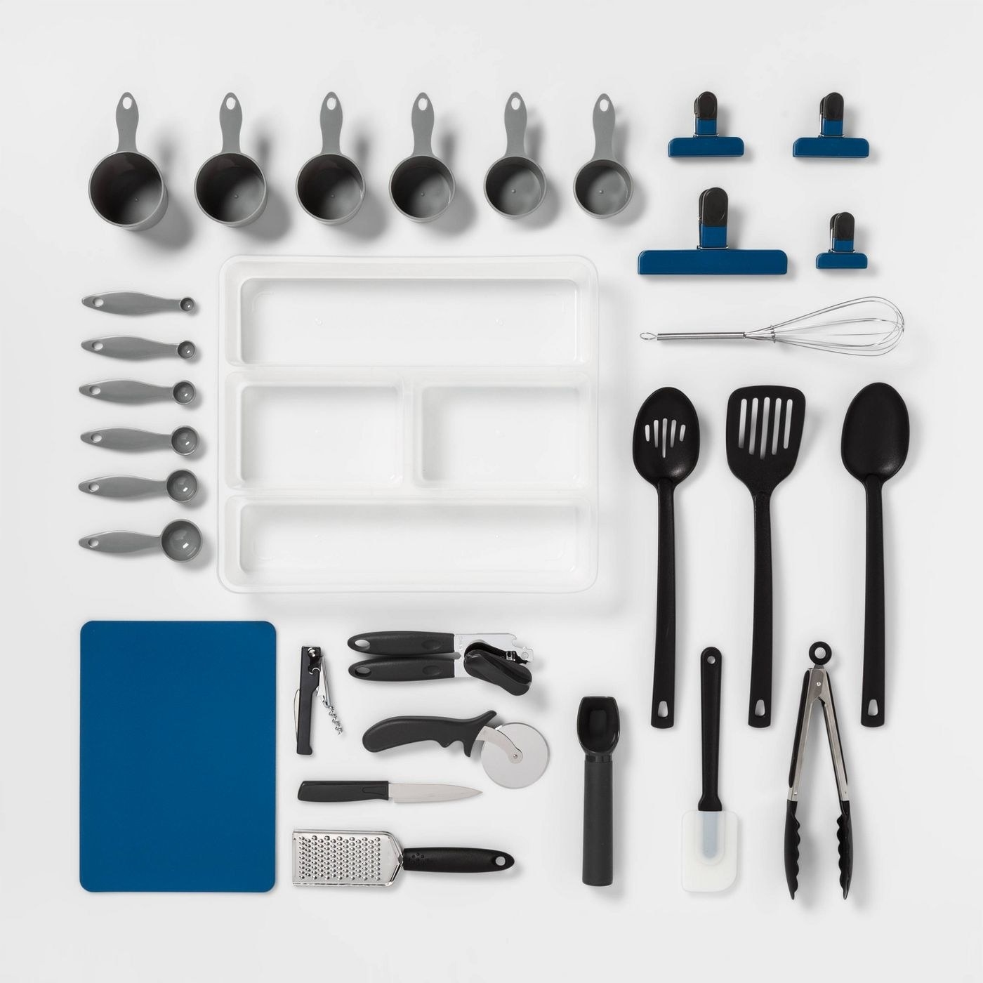 30-piece utensil set include tongs, spoons, measuring cups, measuring spoons, organizer, and more