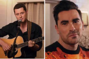 Patrick holds a guitar and sings into a mic while David looks at him with tears in his eyes on Schitt's Creek