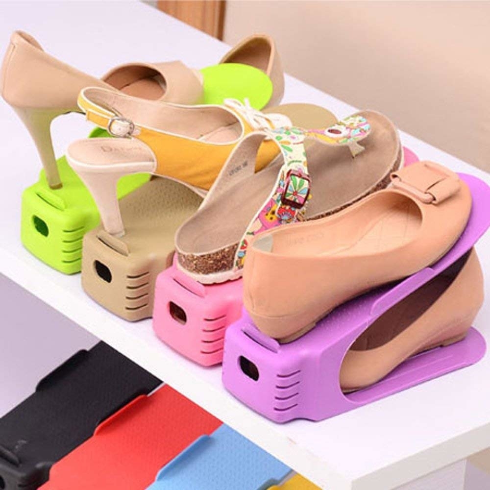 3 shoe organisers with heels, flats and sandals on them 