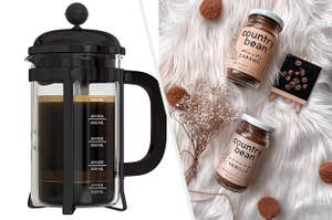 French press and two jars of country bean flavoured instant coffee