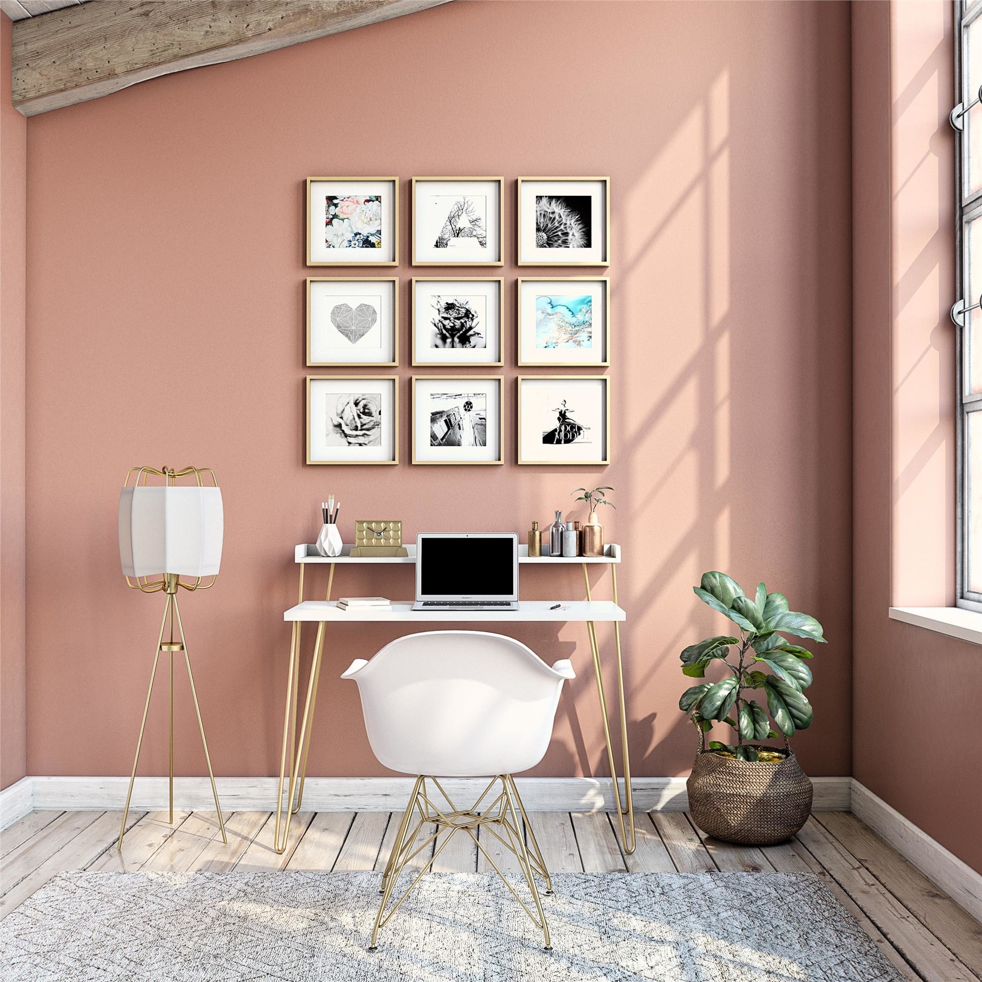 white desk with gold hairpin legs and upper level
