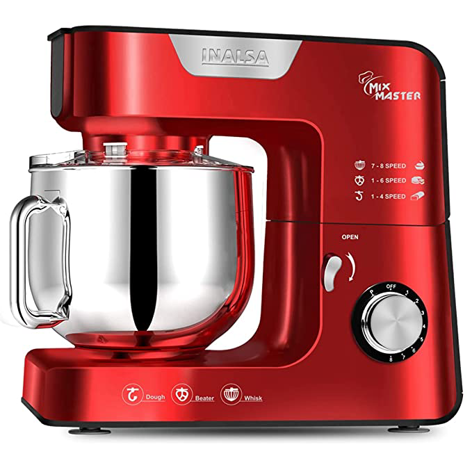 A metallic red stand mixer from Inalsa.