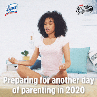 Woman meditating while breathing in an out. Text below reads, &quot;Preparing for another day of parenting in 2020.&quot;