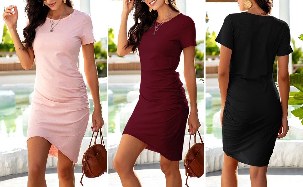 Three people wearing the dress in three shades