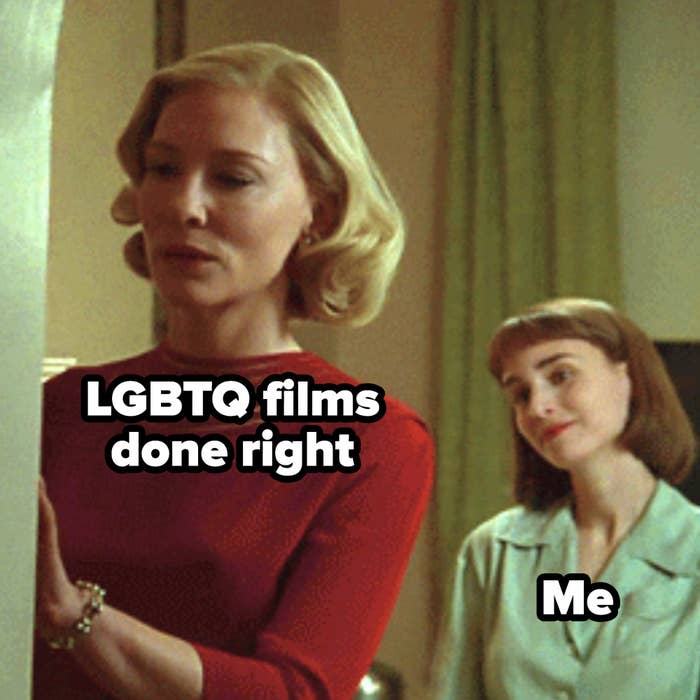 A woman labeled "LGBTQ films done right" stands in the foreground, while in the background, a woman labeled "Me" looks at her lovingly