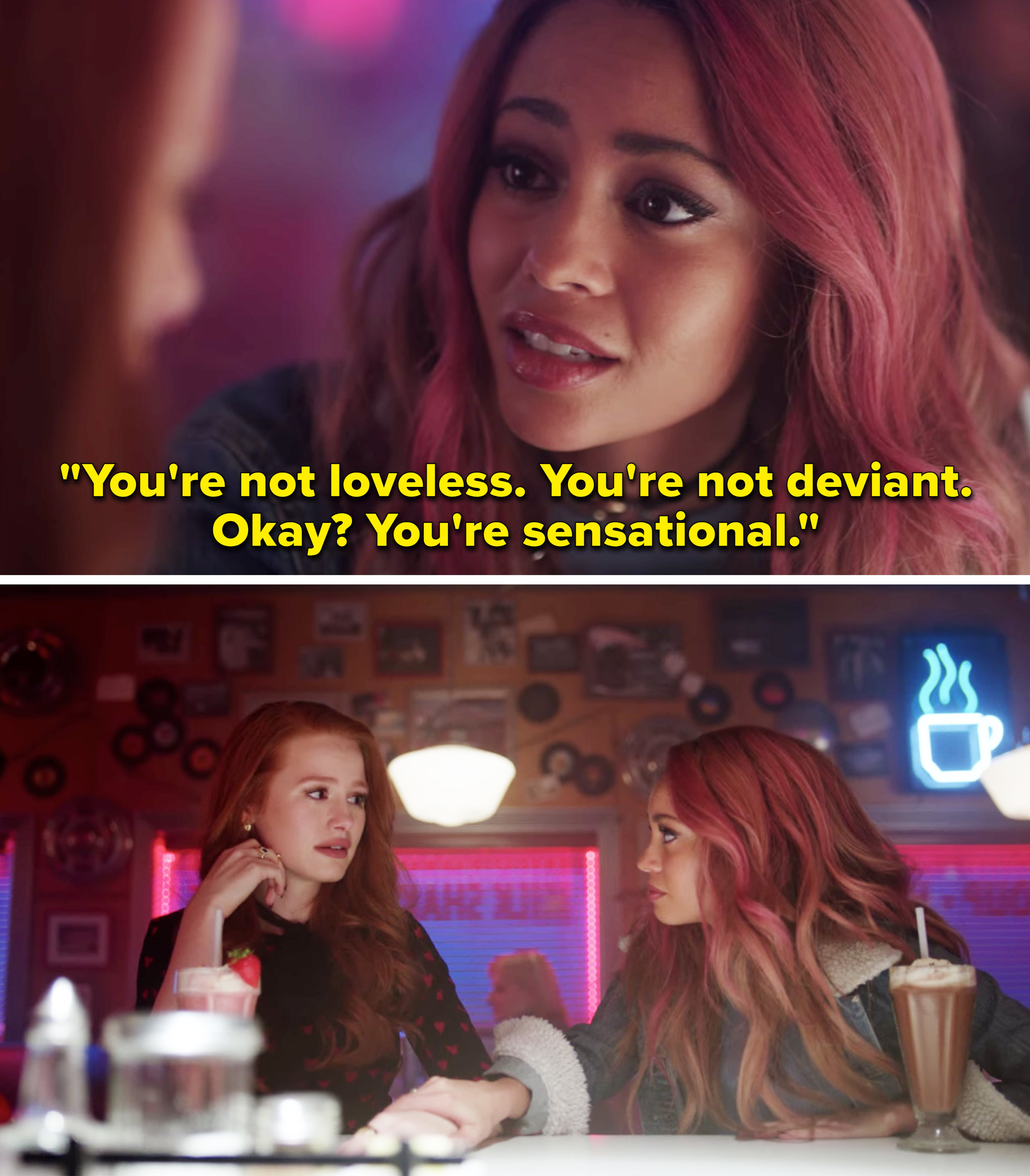Toni telling Cheryl, &quot;You&#x27;re not loveless. You&#x27;re not deviant. Okay? You&#x27;re sensational&quot;