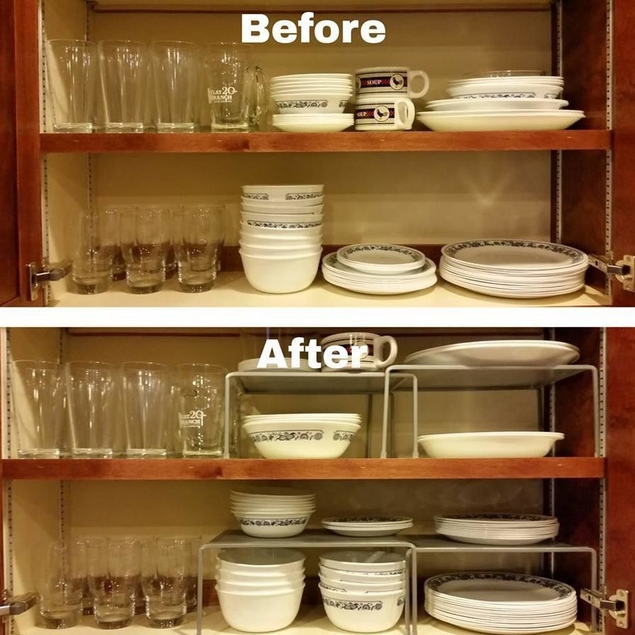 Reviewer&#x27;s before-and-after results showing how expandable shelves help organize cabinets