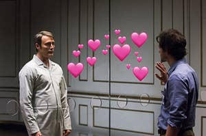 Hannibal and Will Graham looking into each other's eyes intensely 