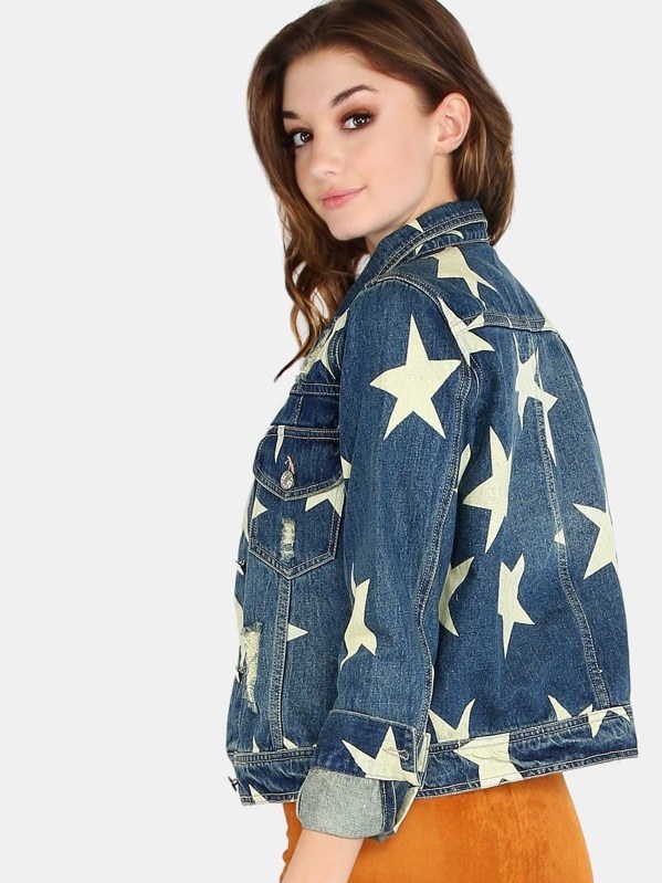 Star-Printed Denim Jacket From Shein