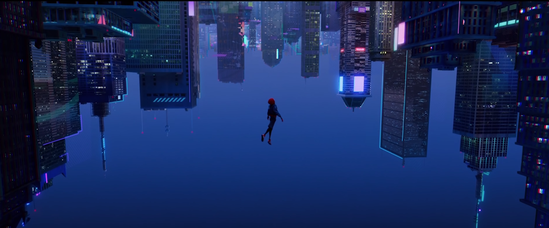 An shot of the NYC skyline turned upside down as Miles jumps off the roof of a building into the air.