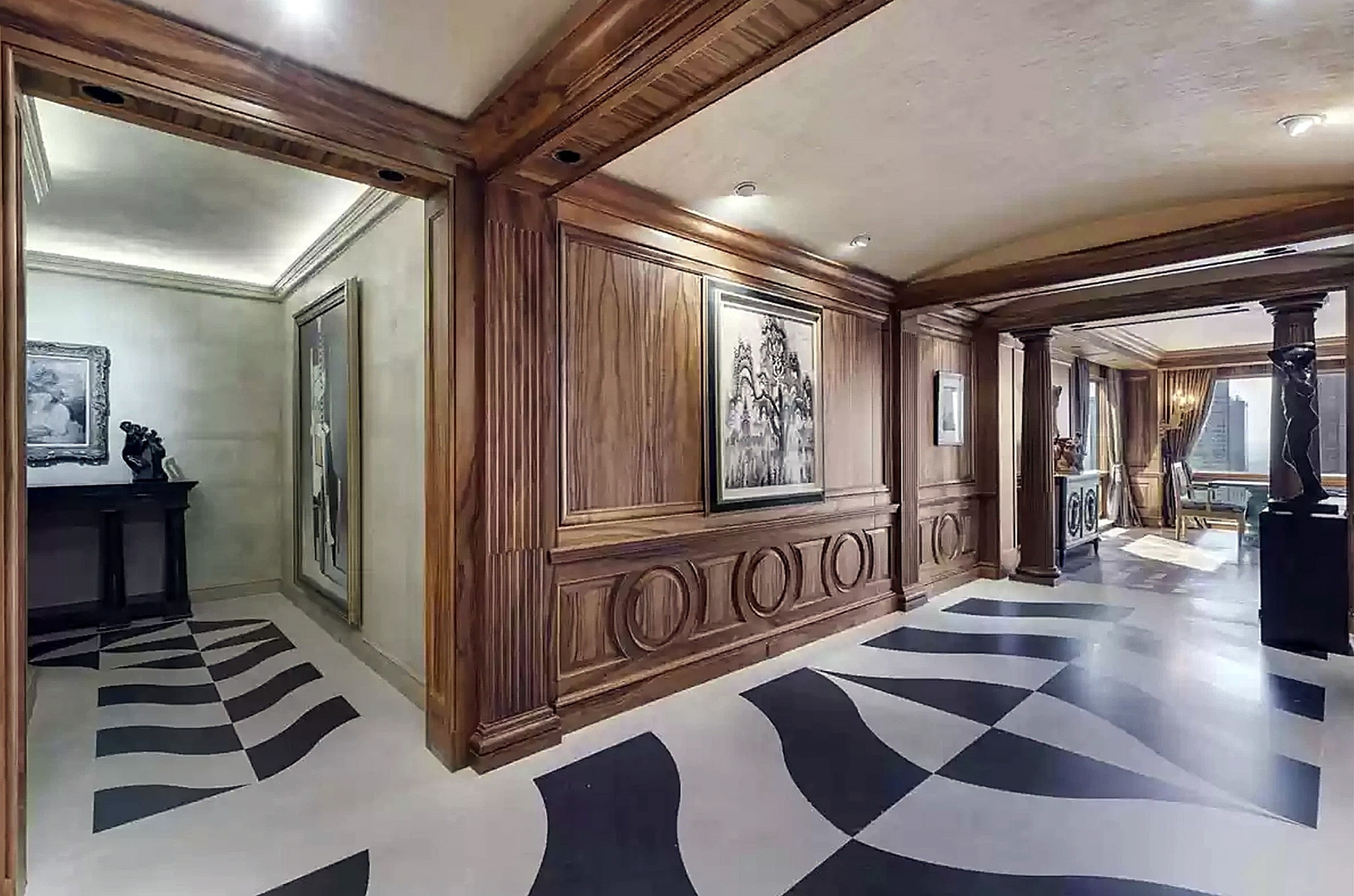 Two-toned floors and ornate artwork on the walls