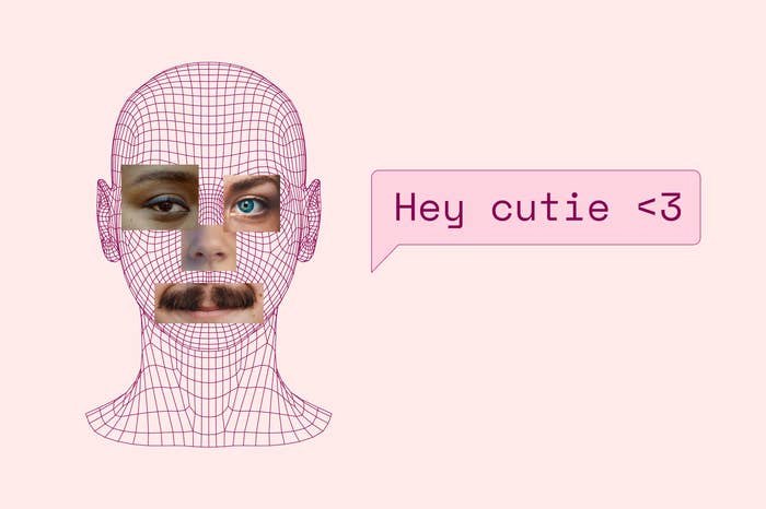 Face with different traits from different people and words "hey cutie"