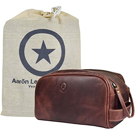 the tan leather toiletry bag