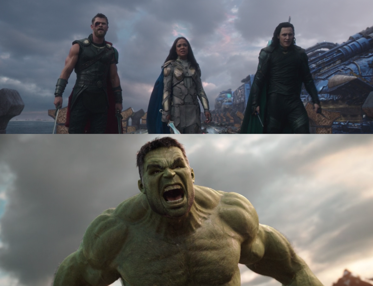 Thor, Valkyrie, and Loki stands in a line while holding various sword weapons. And the Hulk roars fiercely so the veins in his neck pop out.