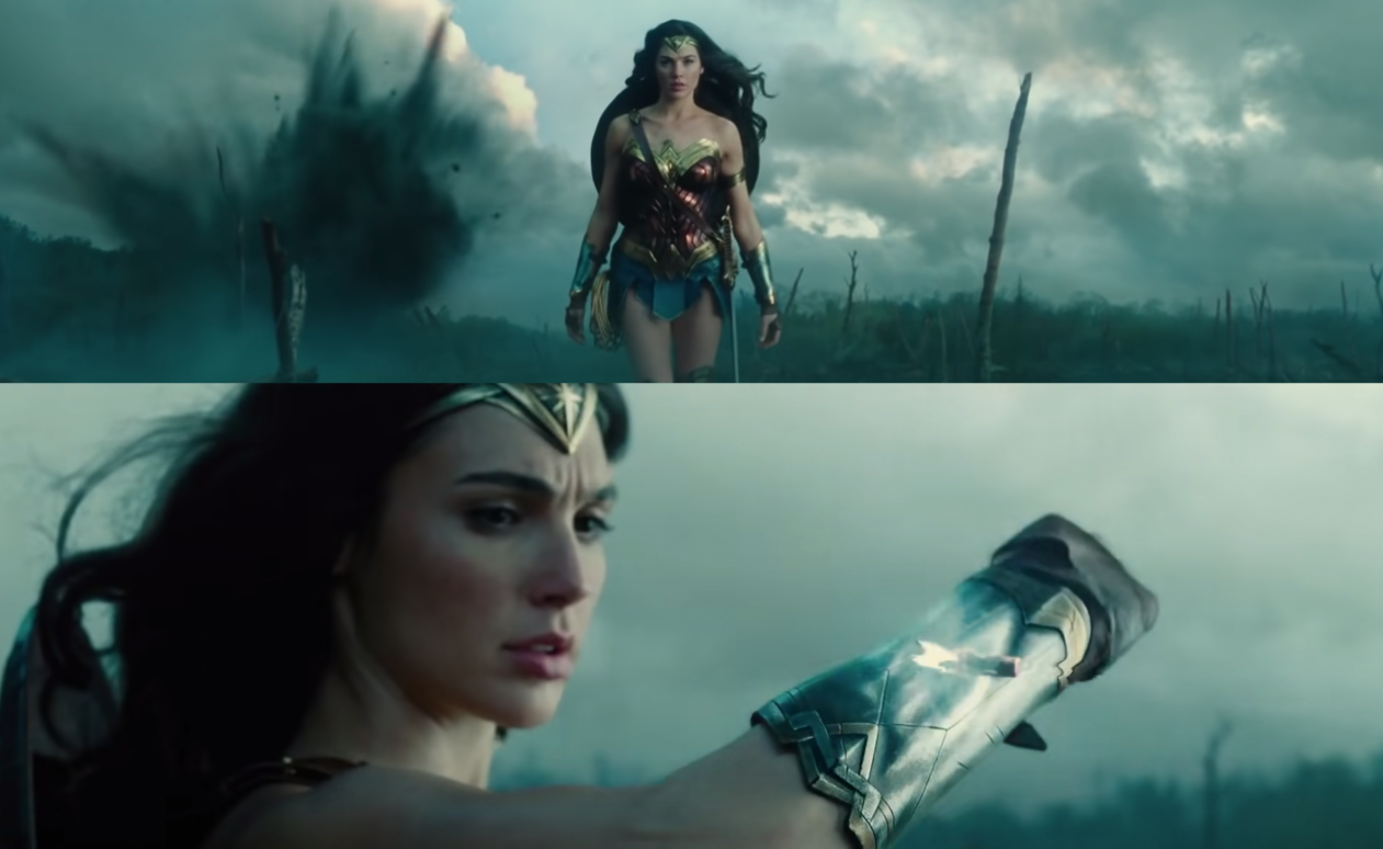 Wonder Woman walks across a gun riddled with gun fire and then she blocks a single bullet using her magic bracelets.