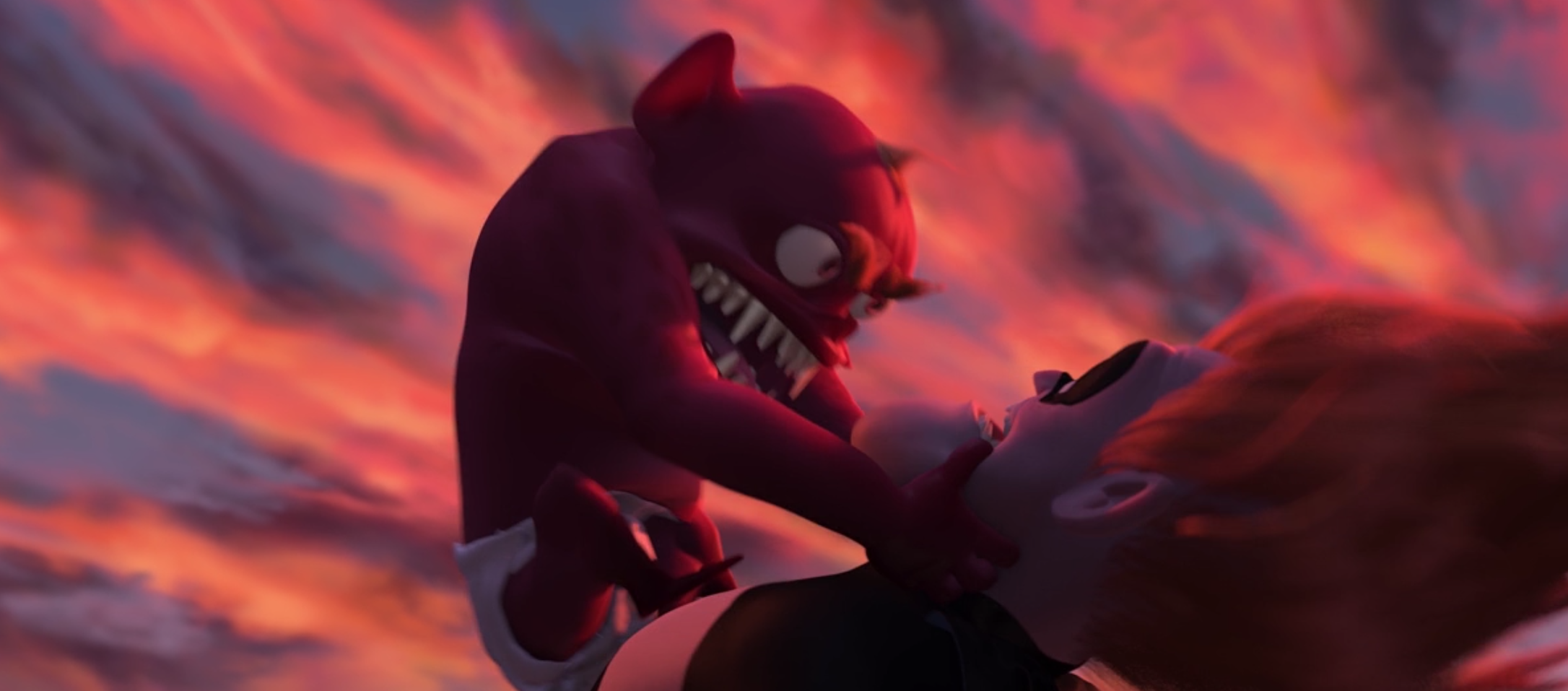 Jack Jack, in the form of a red skinned mini monster, grabs the face of Syndrome as they fly through the air.