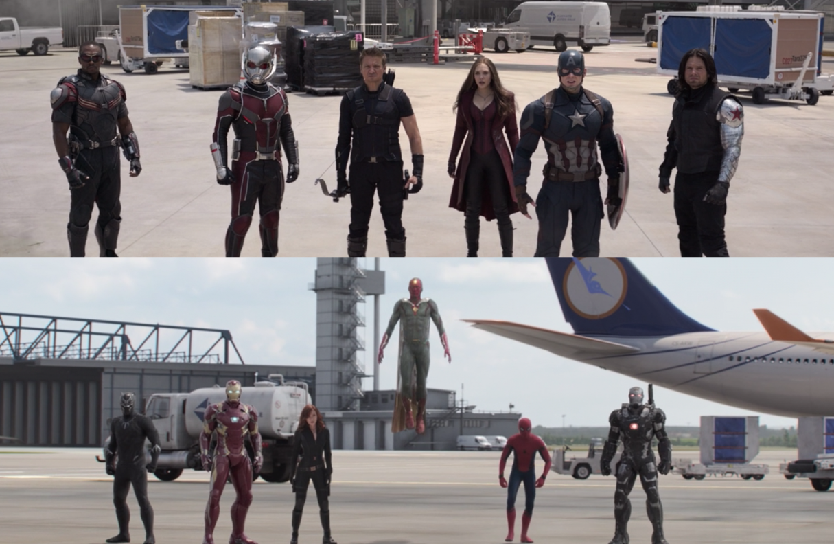 Captain America&#x27;s team faces off against Iron Man&#x27;s team in a deserted airport landing strip.