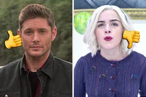 On the left, Dean from "Supernatural" with a thumns up emoji by his head, and on the right, Sabrina from "Chilling Adventures of Sabrina" with a thumbs down emoji be her head