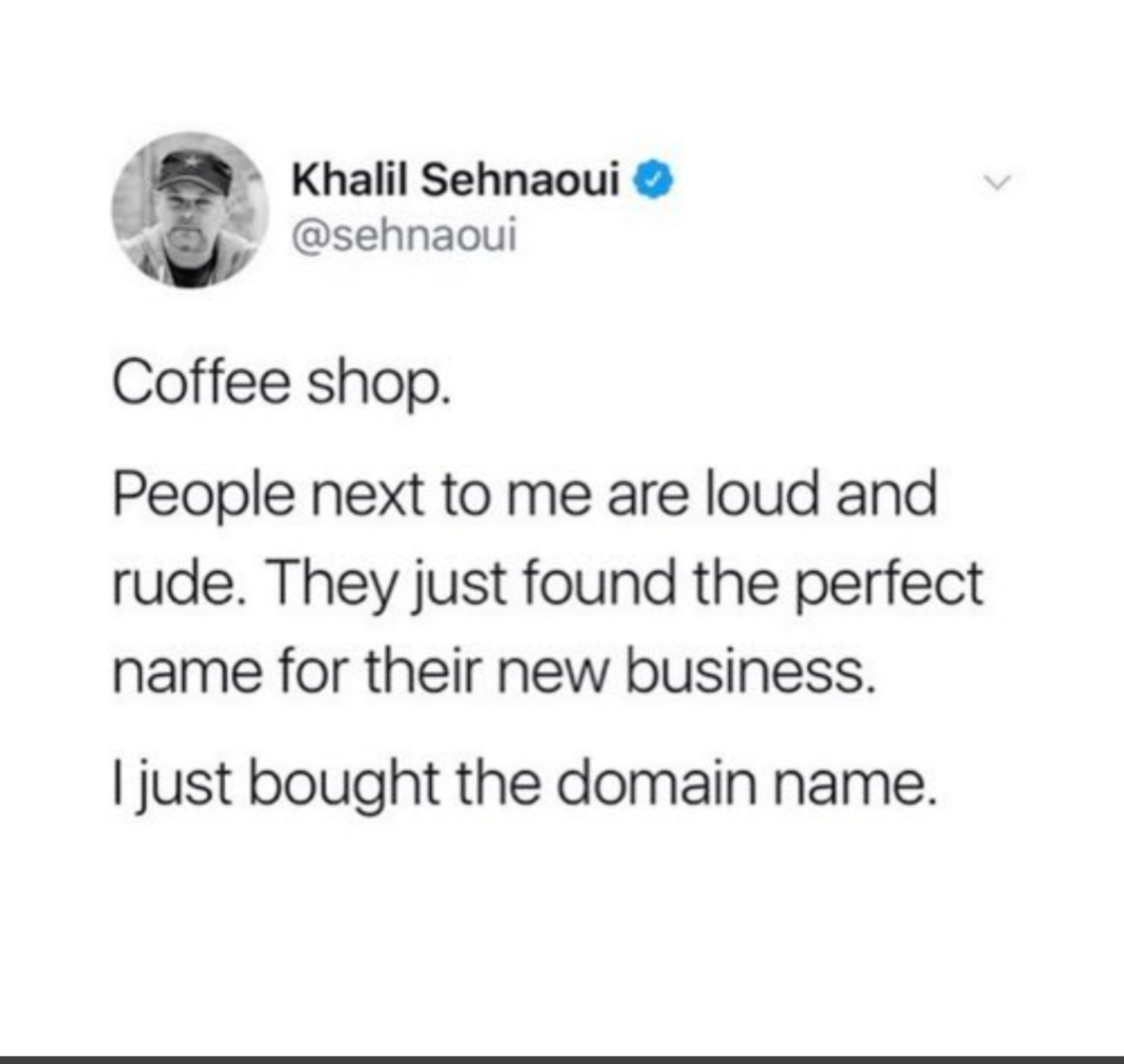 twitter post about a person buying the domain of the website of a company invented next to him