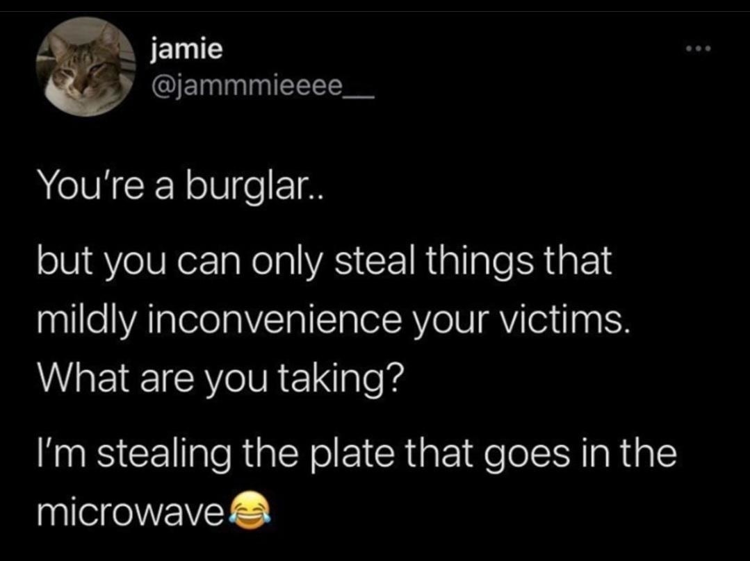 A person who says the most petty thing you can do is steal someone&#x27;s microwave dish