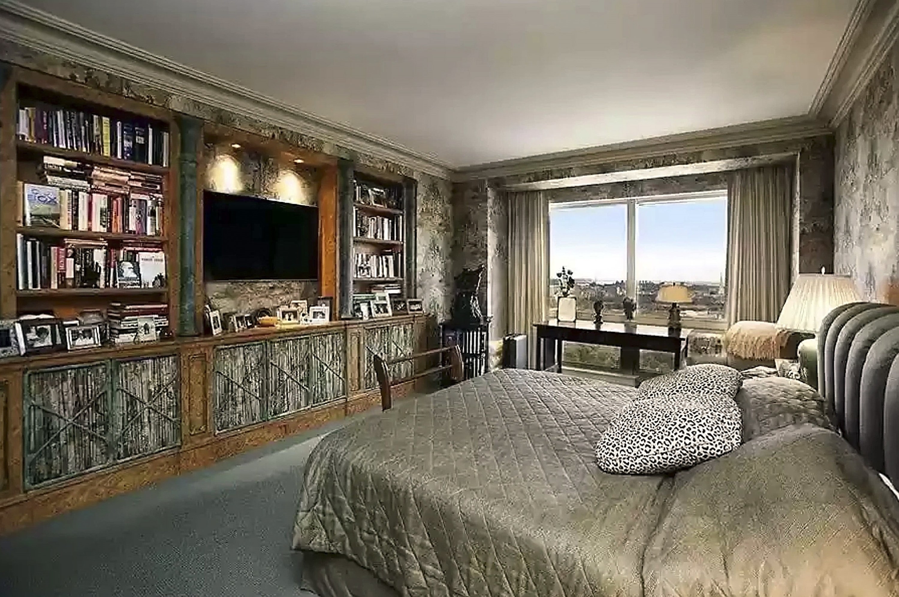 More dark walls with matching bedding and built-in bookshelves