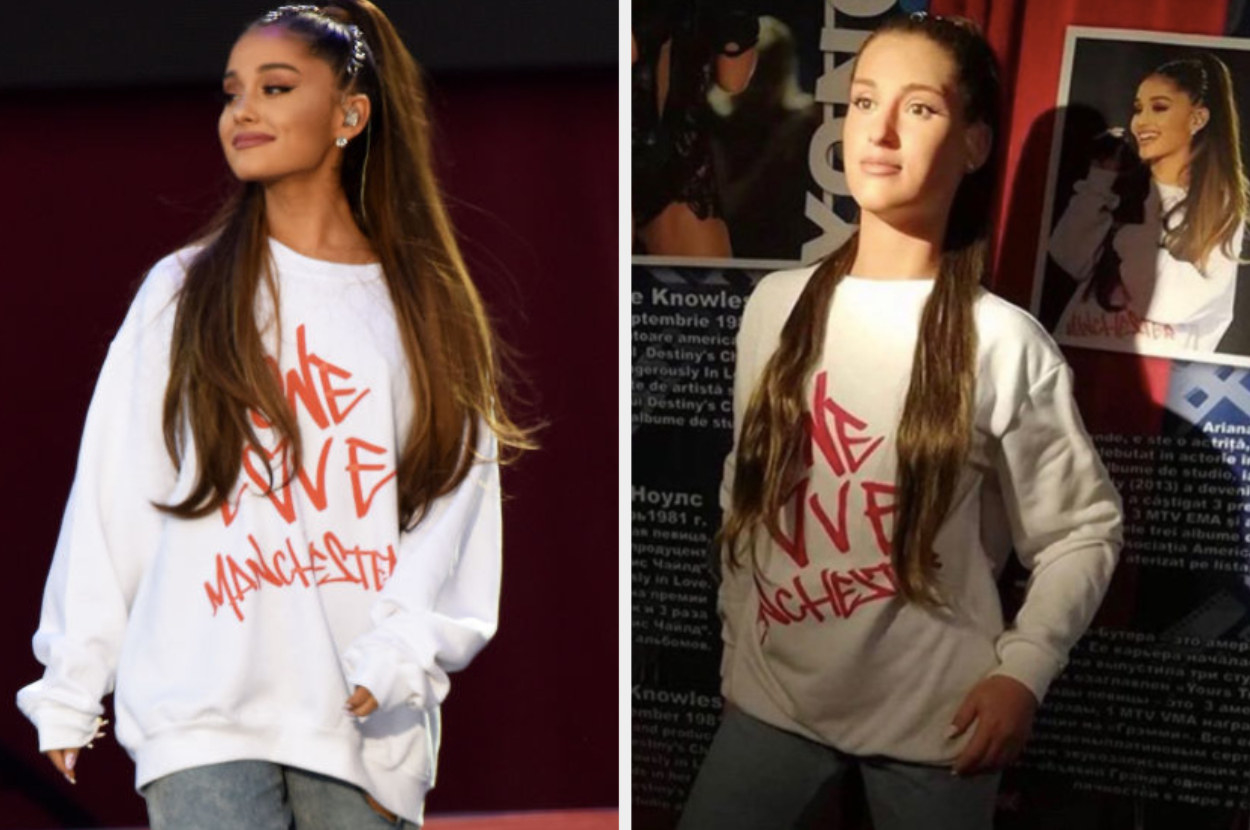 Real Ariana Grande on the left and one of her wax figures on the right, both wearing her One Love Manchester sweatshirt