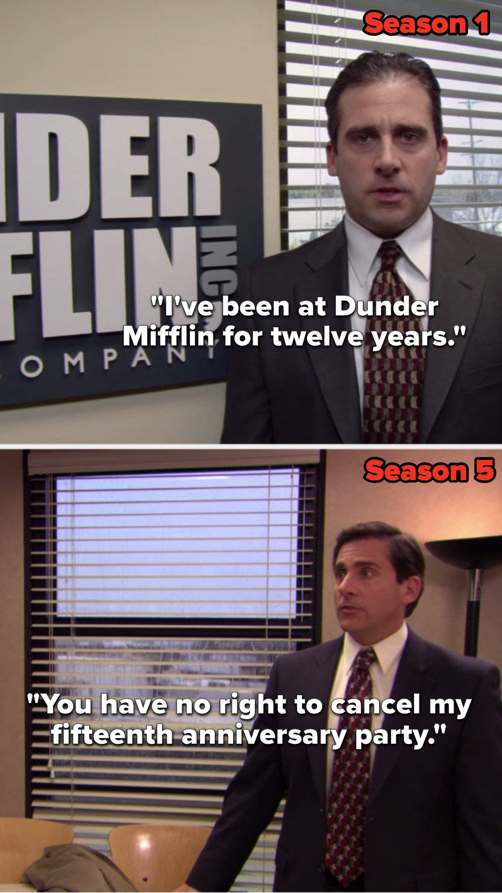 In Season 1, Michael says, &quot;I&#x27;ve been at Dunder Mifflin for twelve years&quot; and in Season 5 he says, &quot;You have no right to cancel my fifteenth anniversary party&quot;