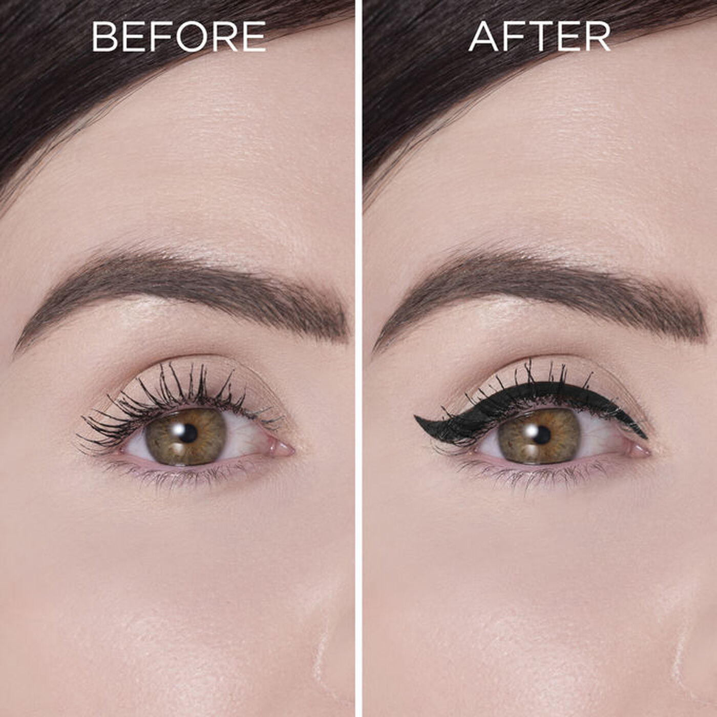Model&#x27;s before and after wearing winged eyeliner