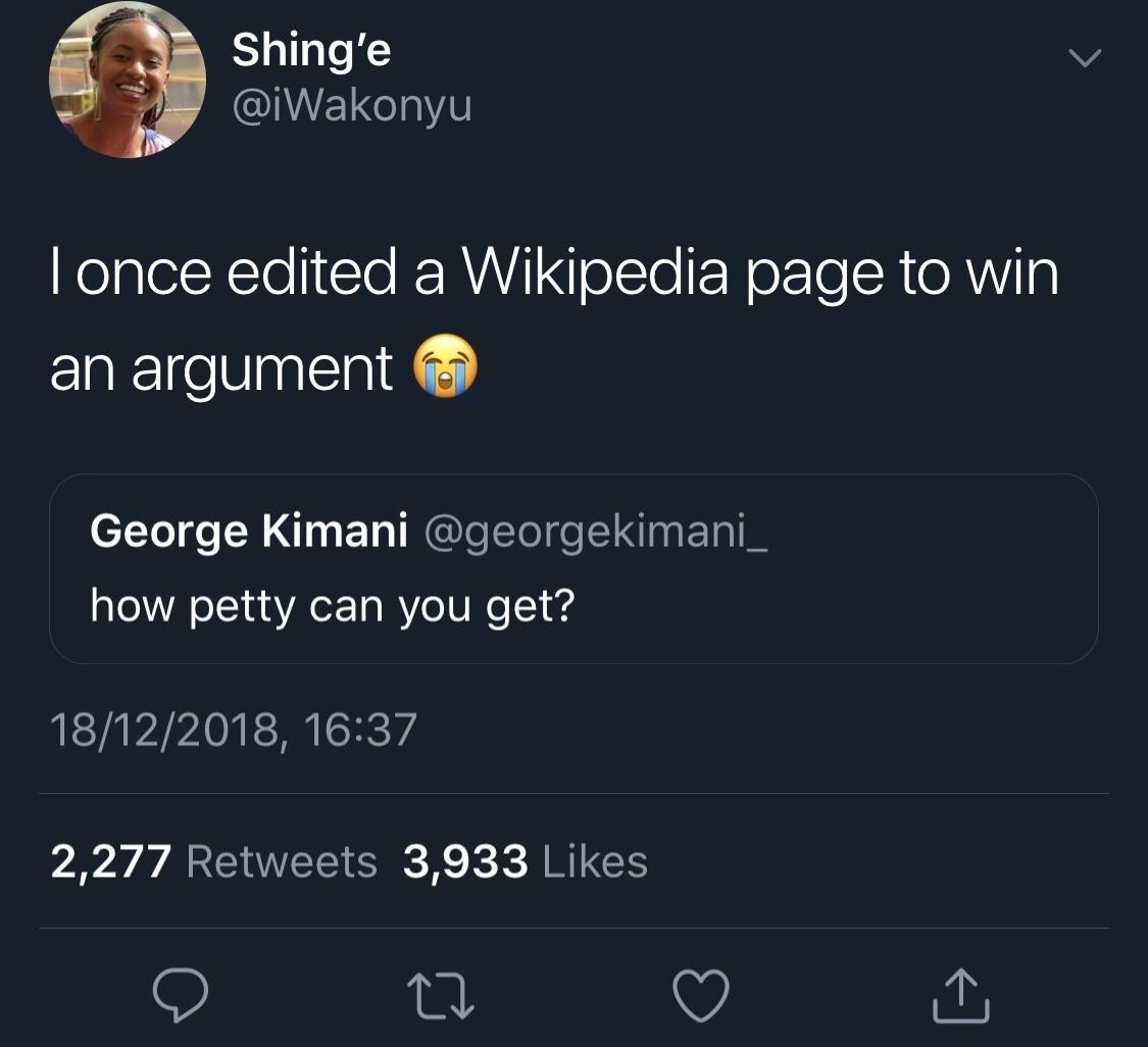 A tweet about editing Wikipedia to win an argument