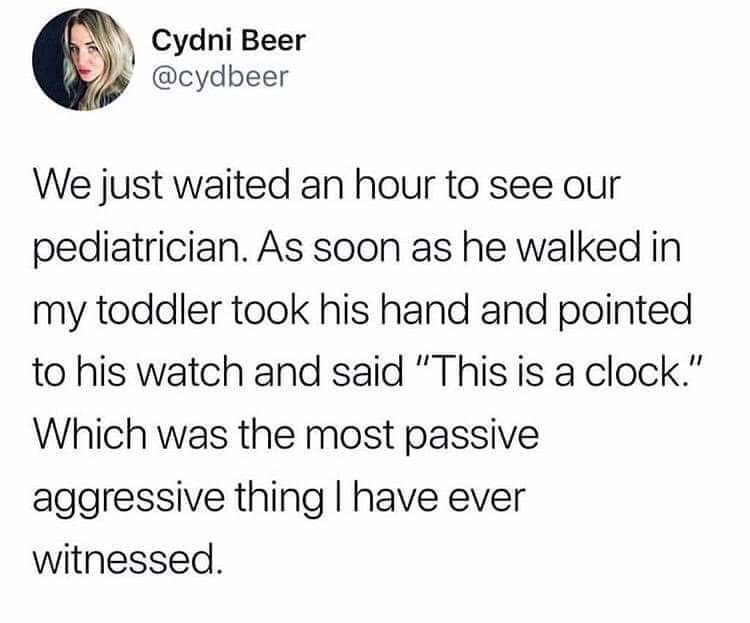 tweet about a kid pointing at a doctor&#x27;s clock because they made them late