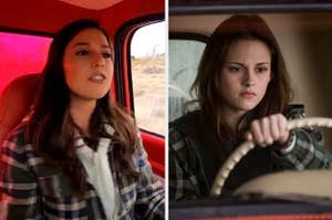 Katie from the bachelorette driving a truck next to bella from twilight also driving a truck