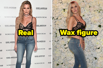 A side by side of Khloe Kardashian and her wax figure 