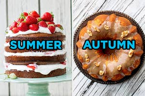 On the left, a strawberries and cream layer cake labeled "summer," and on the right, a pumpkin spice bundt cake labeled "autumn"