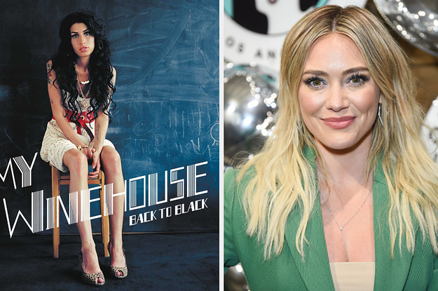 Amy Winehouse is on the left sitting on a stool with Hilary Duff on the right