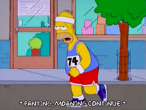 Homer Simpson exhaustedly running in a race
