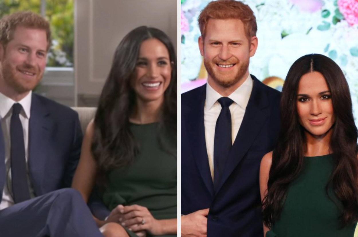 Prince Harry and Meghan Markle sitting on a couch during their engagement interview and their wax figures on the right