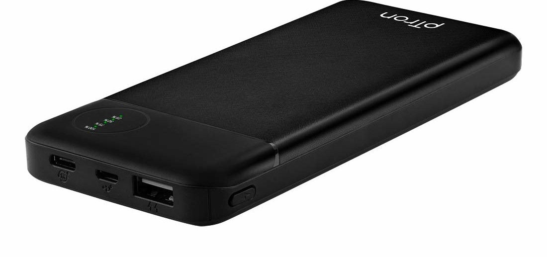 A portable power bank in black.
