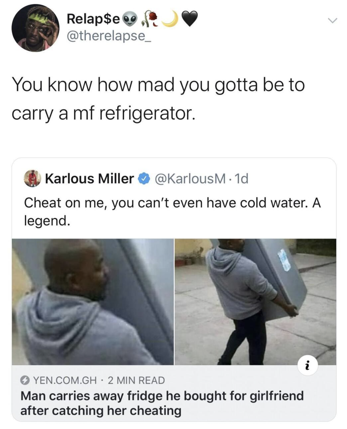 A tweet about a man carrying out a fridge from a cheating girlfriend