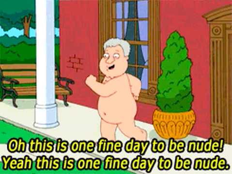 Cartoon naked guy saying it&#x27;s a &quot;fine day to be nude&quot;