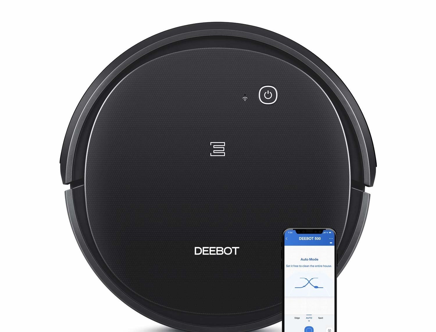 A black Deebot 500 Robotic Vacuum Cleaner with a smartphone leaning on it.