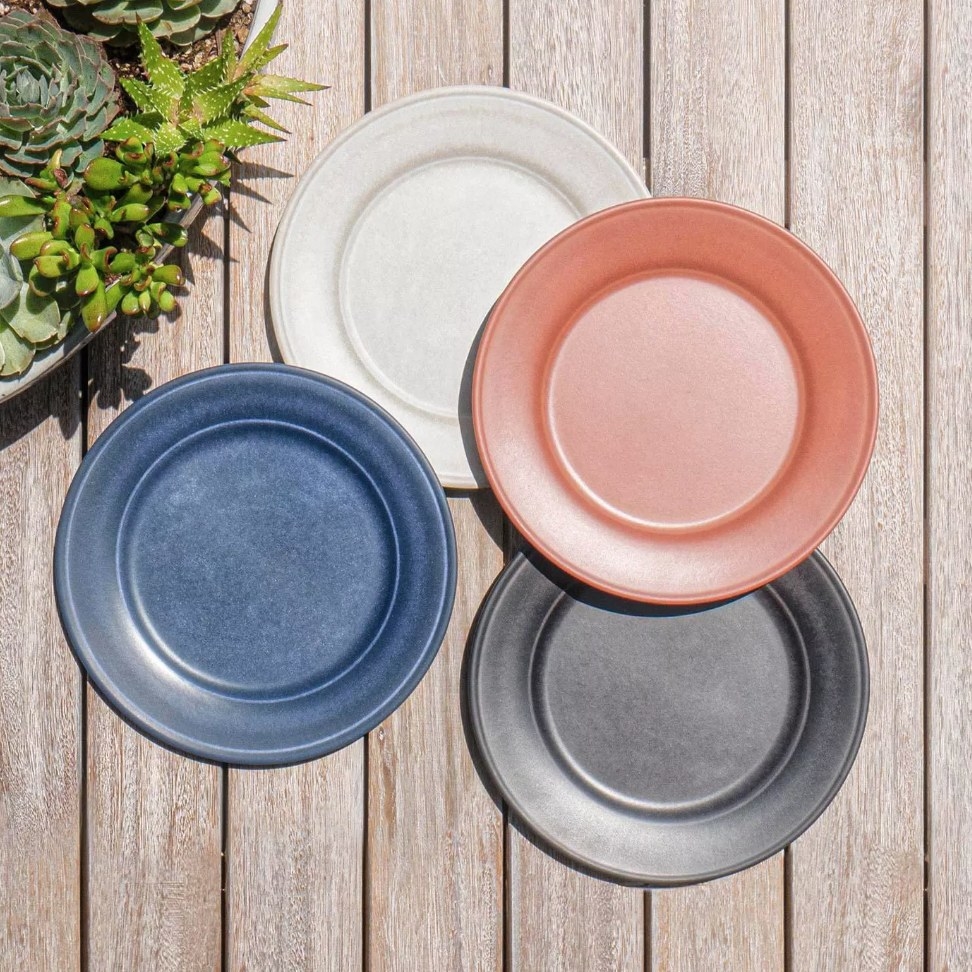 Dinner plates in white, coral, charcoal and blue