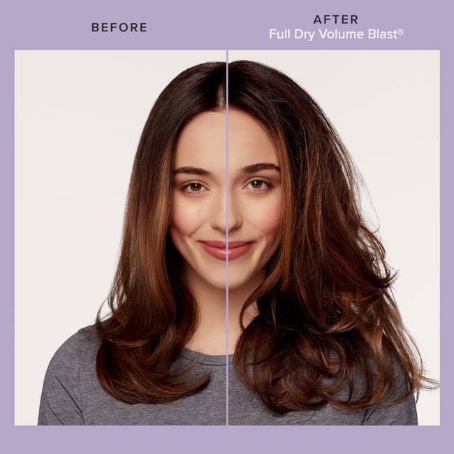 brunette woman showing before and after using living proof dry volume blast