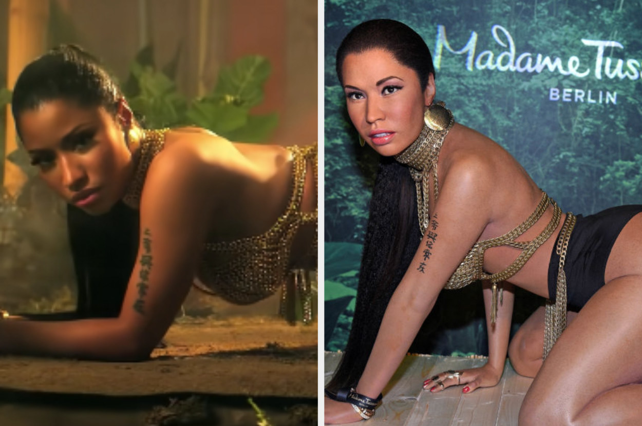 A side by side of Nicki Minaj in the &quot;Anaconda&quot; music video and of her 2020 wax figure