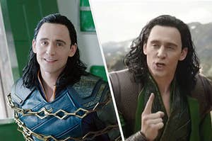 Loki smiling beside Loki yelling angrily