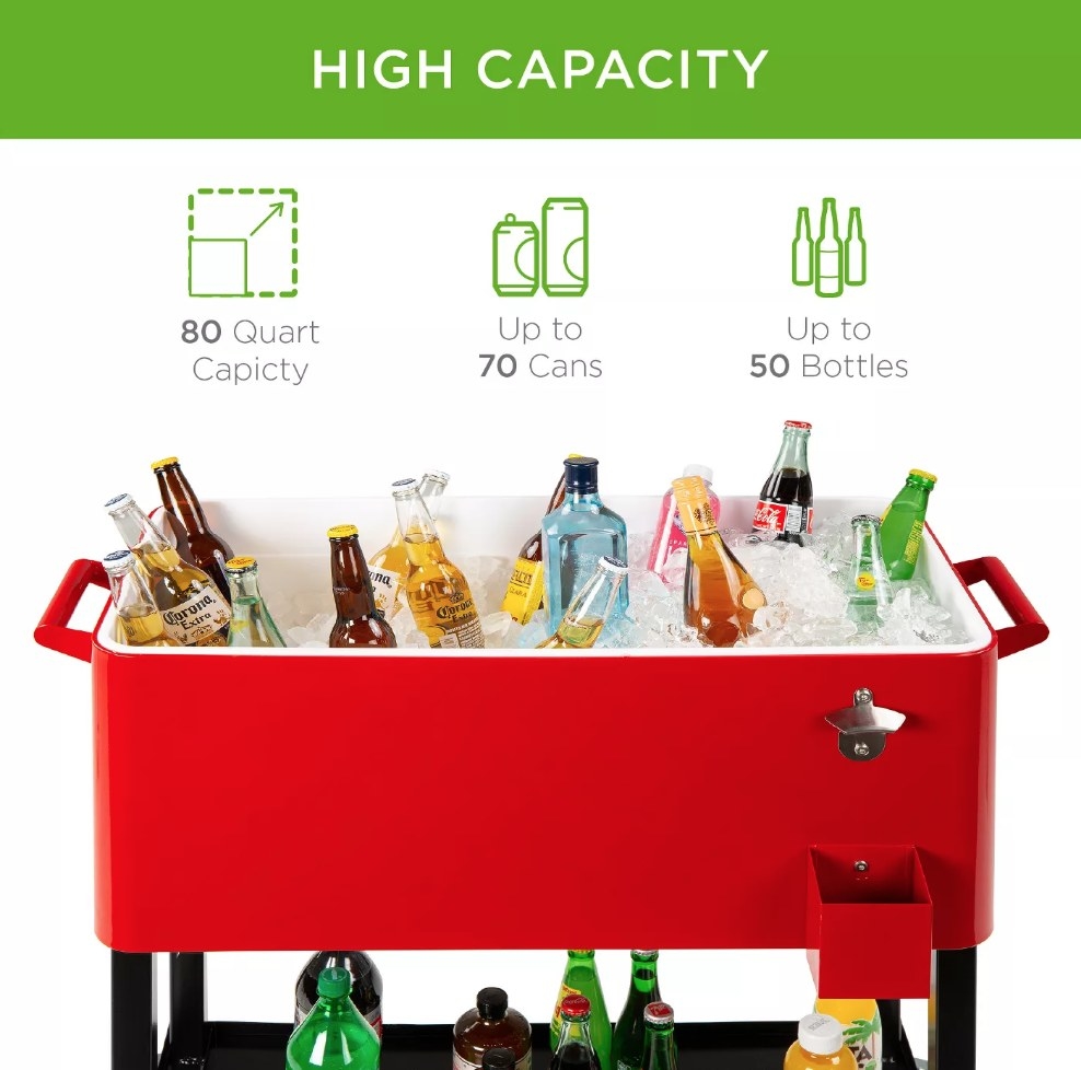 Red cooler cart filled with beer and soda, bottle opener on bottom right and shelf underneath 
